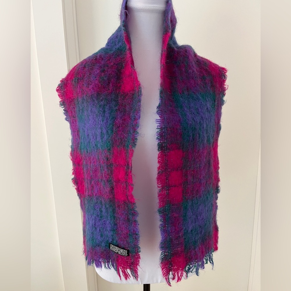 FOXFORD Mohair Wool Blend Woven Winter Scarf Vibrant Plaid Fuzzy Cozy Ireland